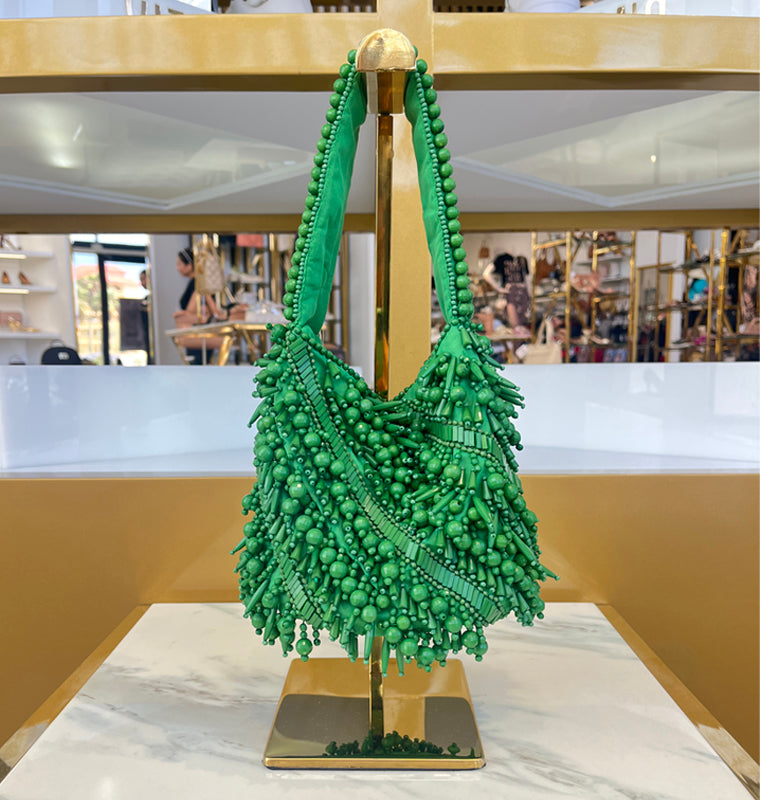 The Averlee Artisan Beaded Mini Bucket Bag in Green