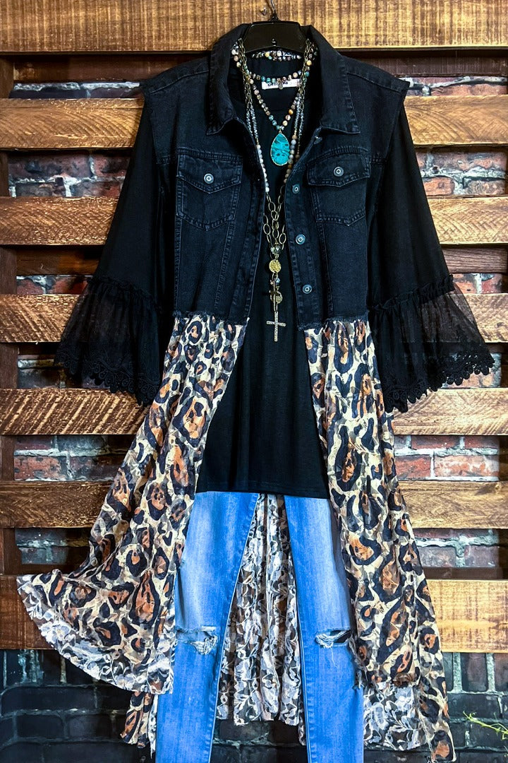 Deidre Denim Vest Boho Lace Hem in Black Leopard