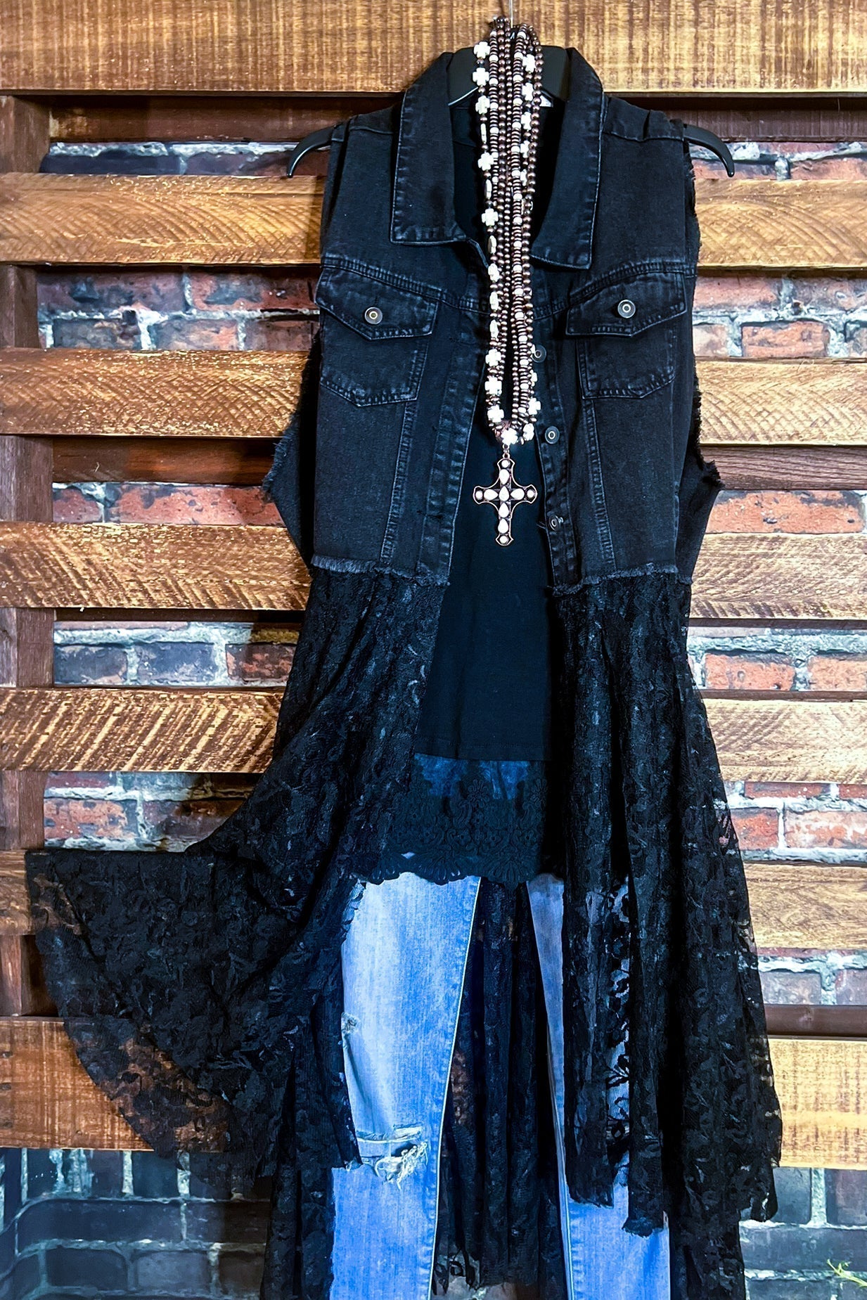 Deidre Black Denim Vest Boho Lace Hem in Black