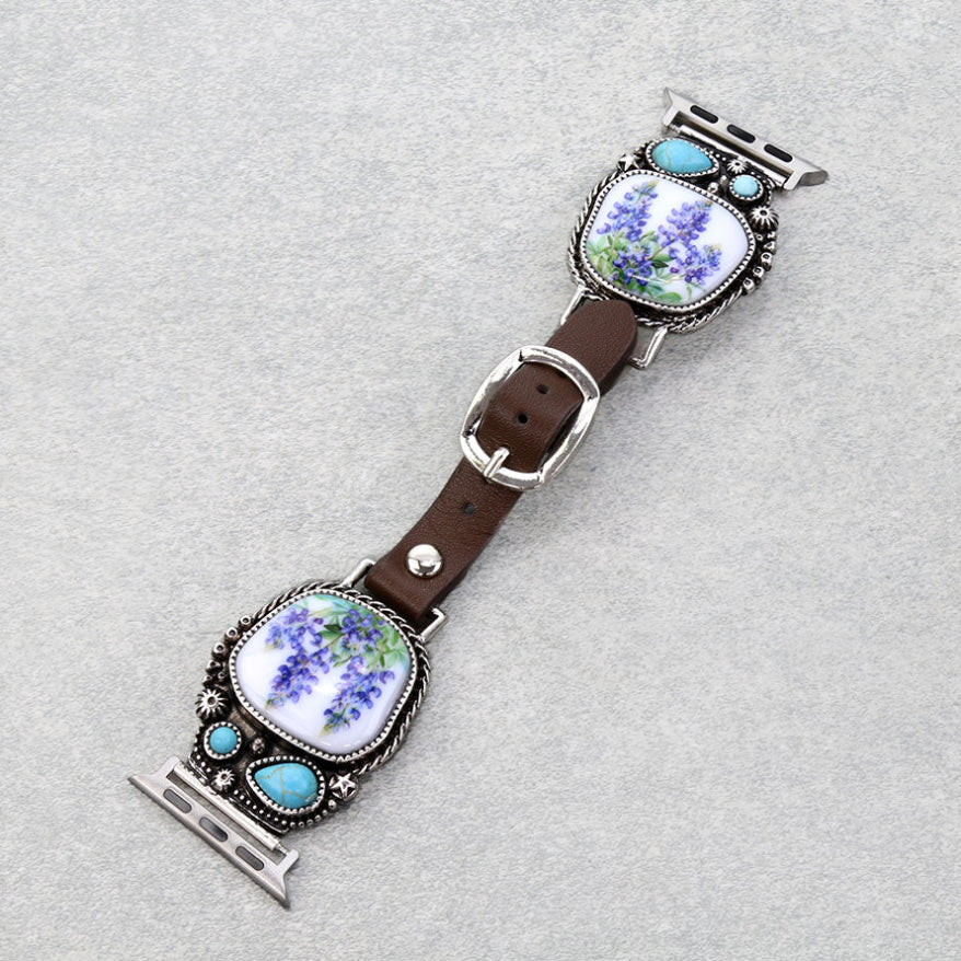 Texas Bluebonnet Bouquet Silver Western Apple Watch Band