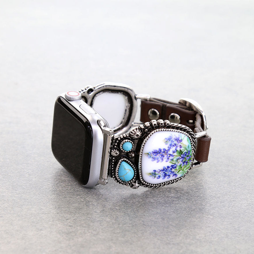 Texas Bluebonnet Bouquet Silver Western Apple Watch Band