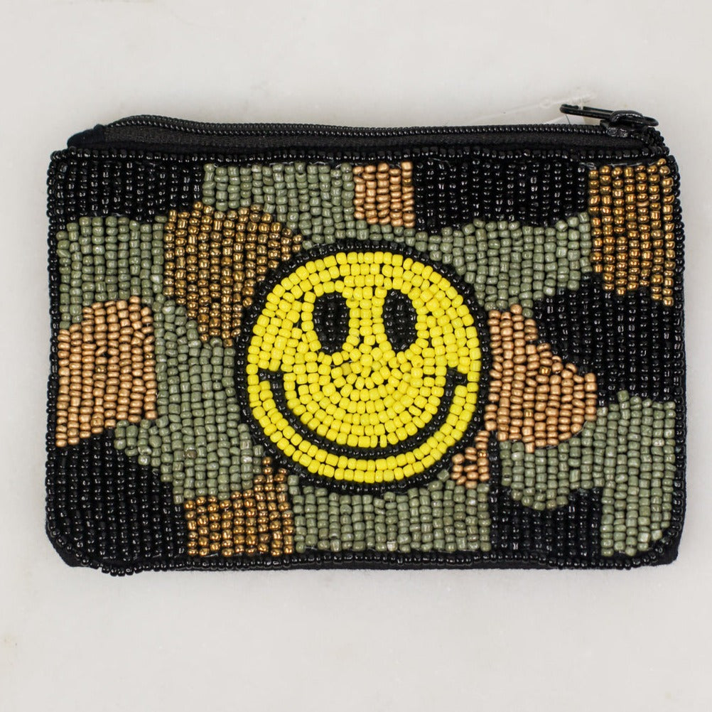 CAMO SMILEY EMOJI Beaded Coin Storage Pouch