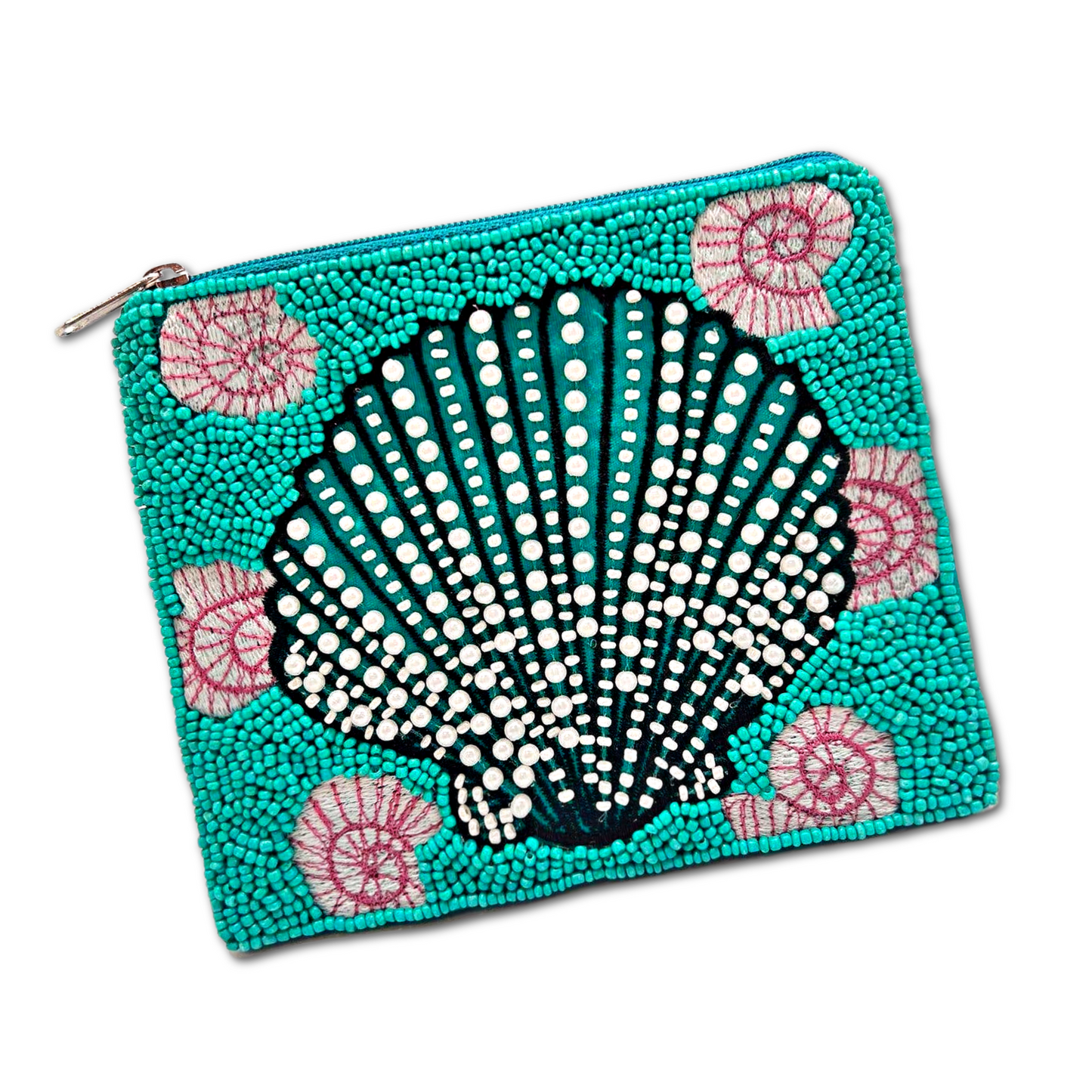 Turquoise Seashell Beach Theme Beaded Money Pouch