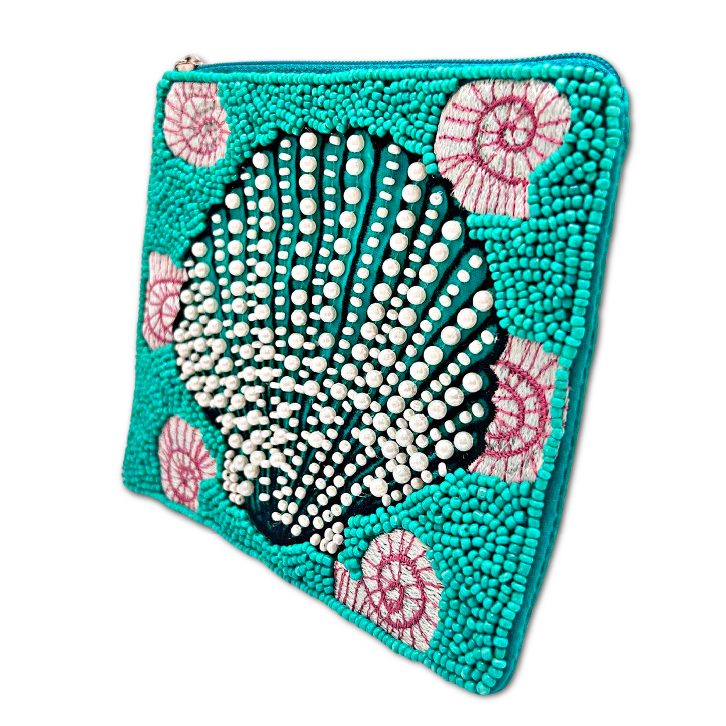 Turquoise Seashell Beach Theme Beaded Money Pouch