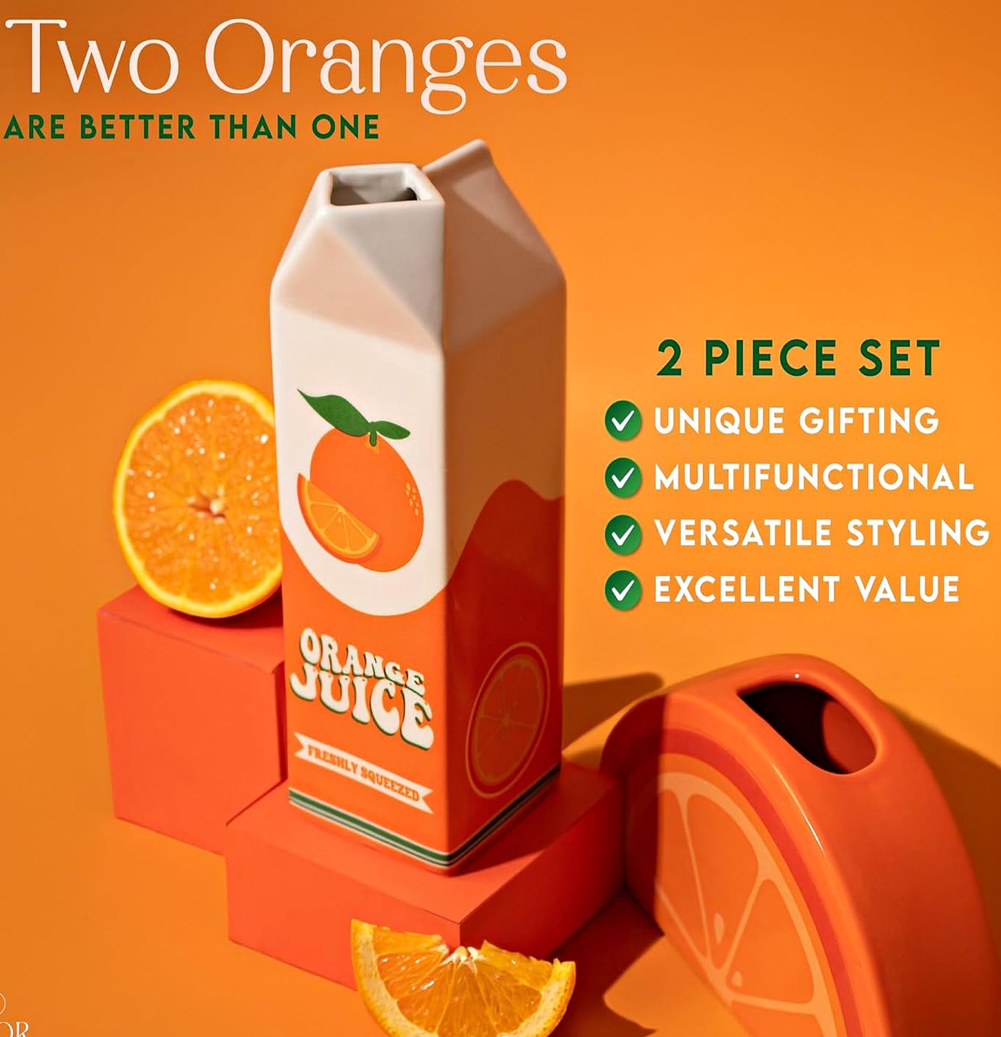 Set of 2 Orange Juice Fruit Slice Ceramic Vases