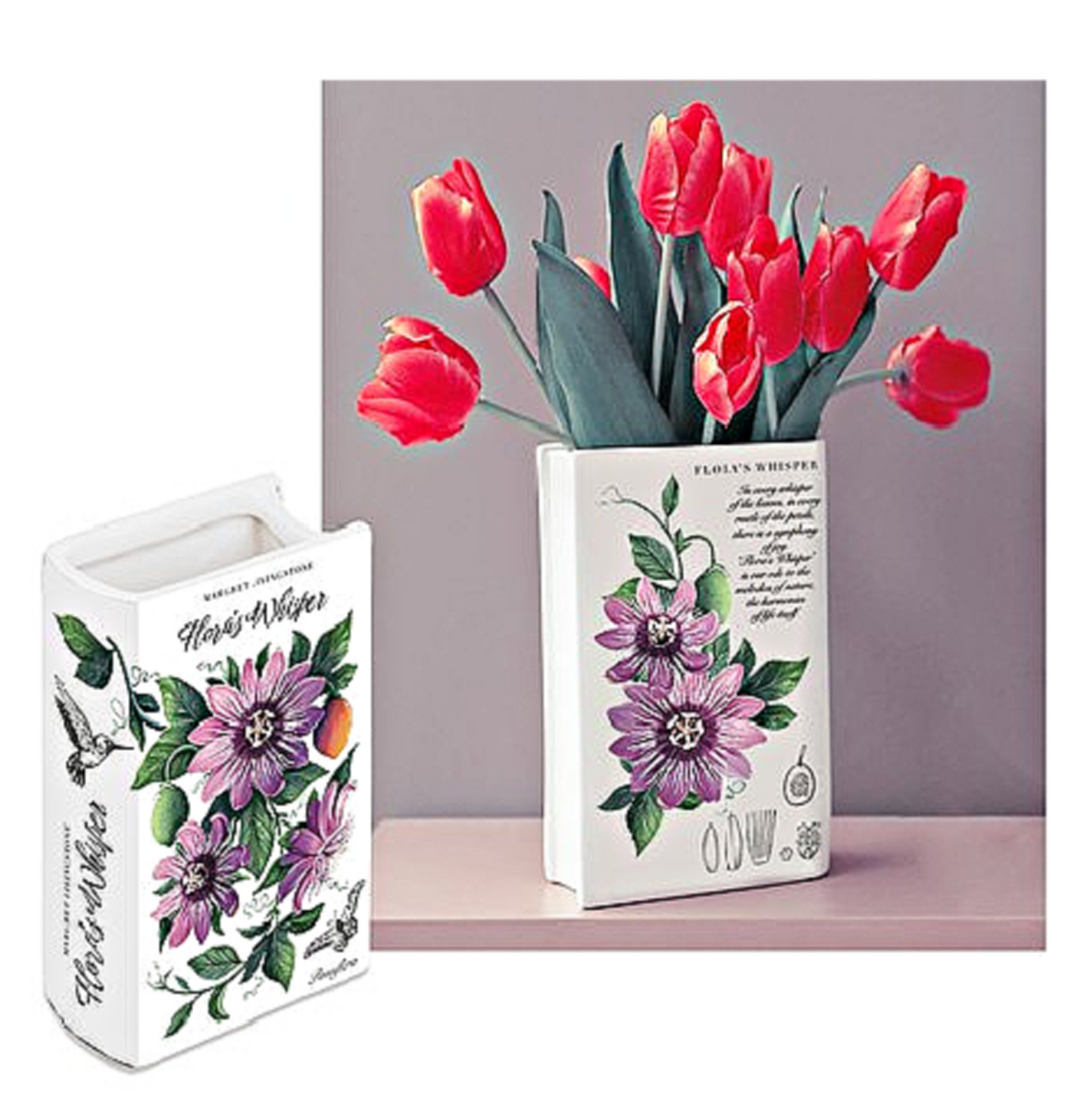 Ceramic Book Shaped Floral Print Flower Vase