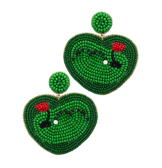 Beaded Heart Golf Green Theme Earrings
