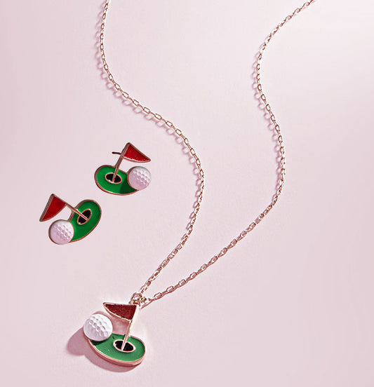 Enamel Golf Ball Hole Flag Stud Earrings & Necklace SET
