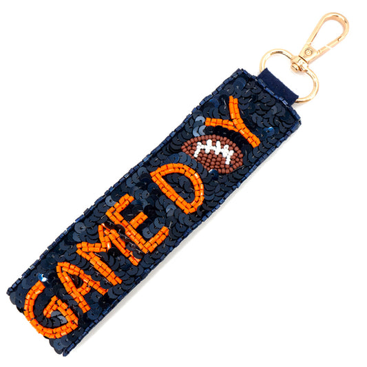 Navy Orange Football Seed Beaded Lanyard Keychain