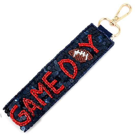 Blue Red Football Seed Beaded Lanyard Keychain