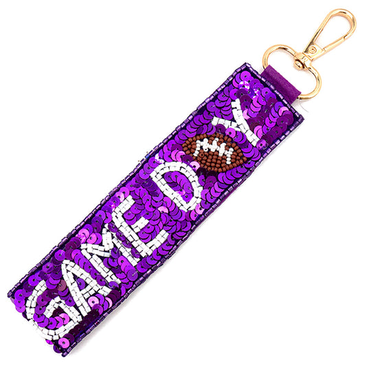 Purple White Football Seed Beaded Lanyard Keychain