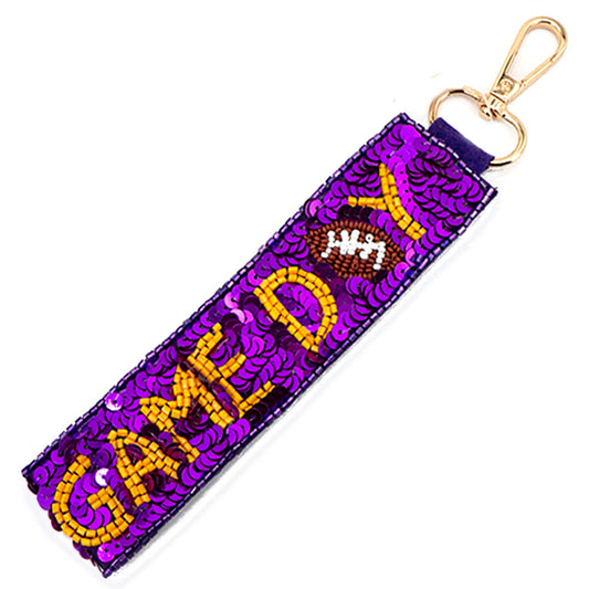 Purple Yellow Football Seed Beaded Lanyard Keychain