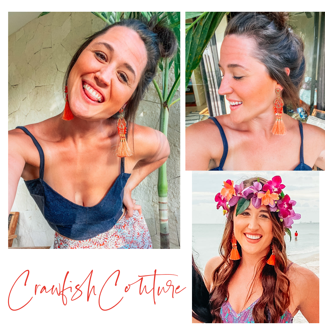 Coral Crawfish Beaded Earrings with Long Tassels