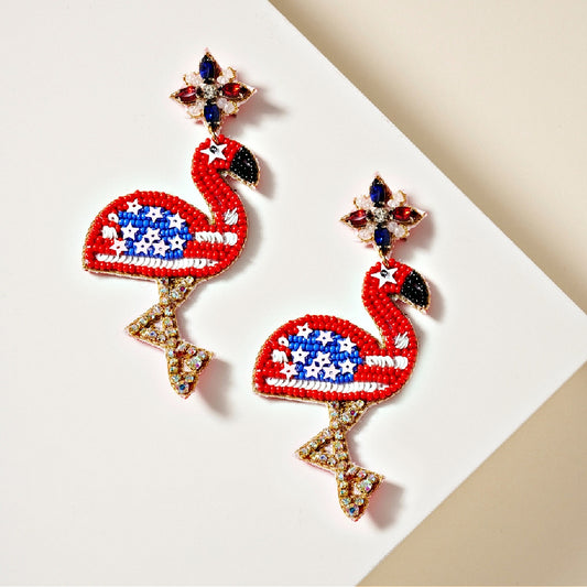 Flamingo American Flag Patriotic USA Beaded Earrings