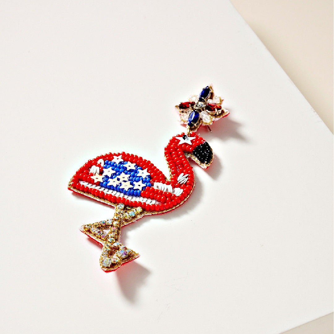 Flamingo American Flag Patriotic USA Beaded Earrings