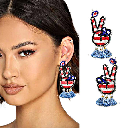 USA Flag PEACE Sign Beaded Tassel Earrings