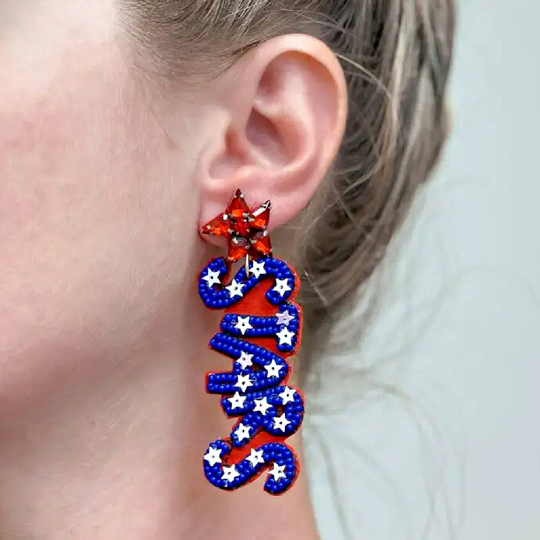 USA Flag Patriotic Stars Stripes Theme Beaded Earrings