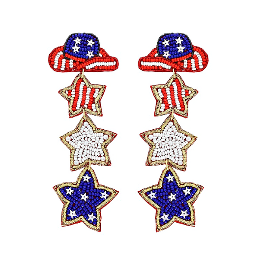 USA Flag Western Hat Stars Stripes Beaded Earrings