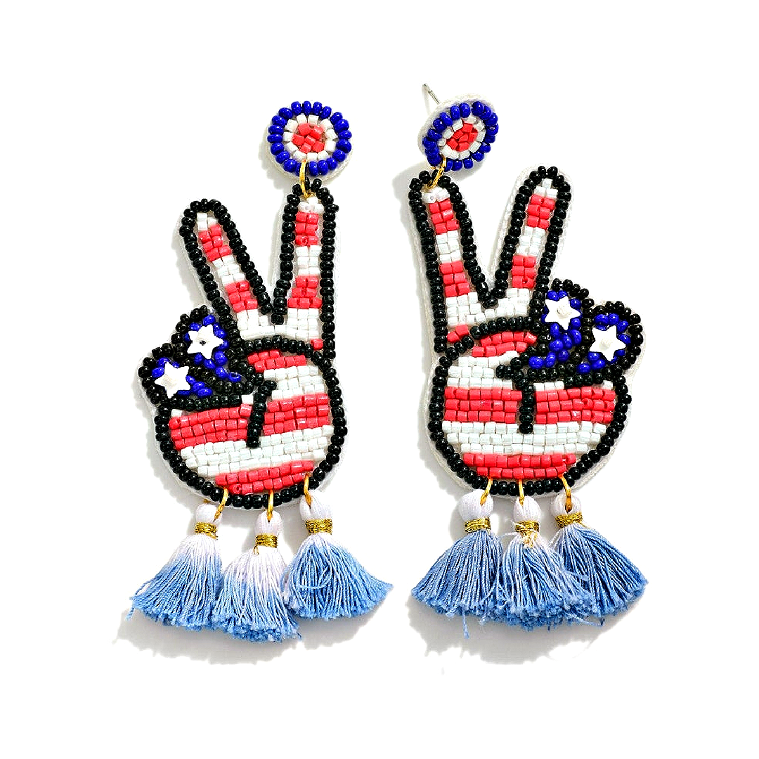 USA Flag PEACE Sign Beaded Tassel Earrings