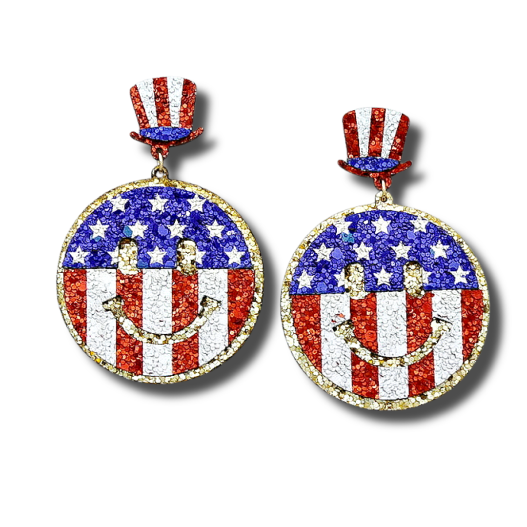Smiley Face Emoji USA Flag Patriotic Acrylic Glitter Earrings