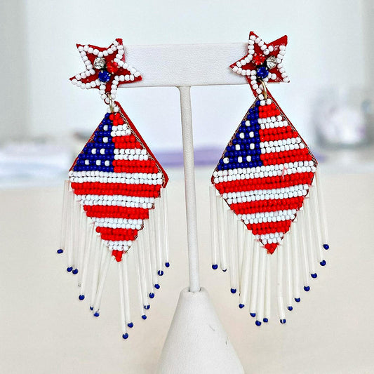 American USA Flag Patriotic Beaded Fringe Earrings