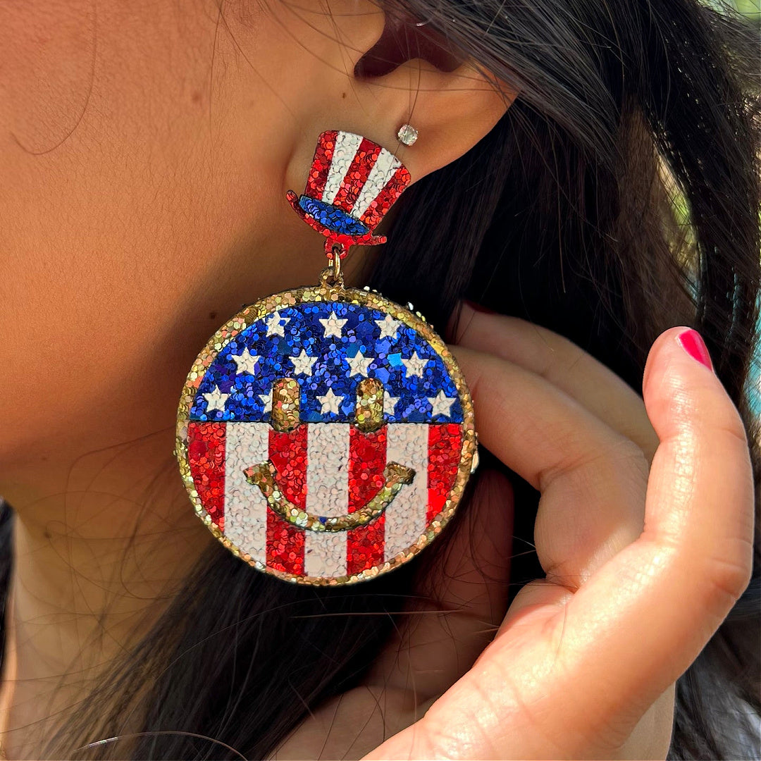 Smiley Face Emoji USA Flag Patriotic Acrylic Glitter Earrings