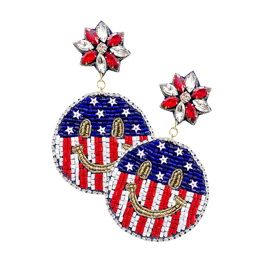 Smiley Face Emoji USA Flag Patriotic Beaded Earrings