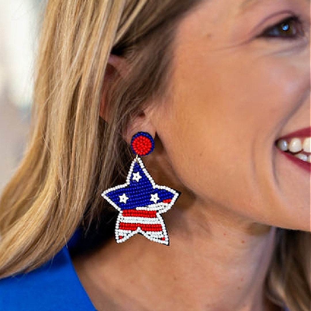 STAR Shaped USA American Flag Patriotic Beaded Earrings