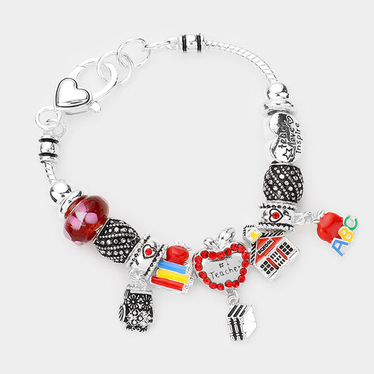 No. 1 Teacher Apple Owl Books Charm Beads Silver Bracelet