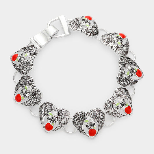 Teacher Angel Wings Apple Charm Silver Bracelet