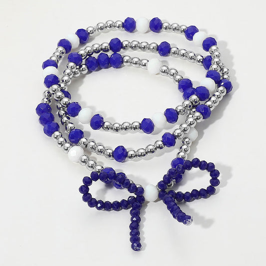 Gameday Blue Silver Beaded Bow Bracelet SET