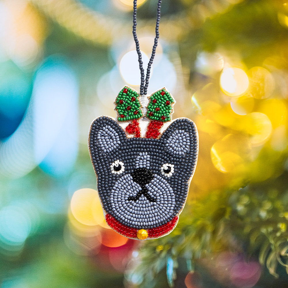FRENCH BULLDOG Dog Breed Beaded Earrings & Christmas Ornament SET