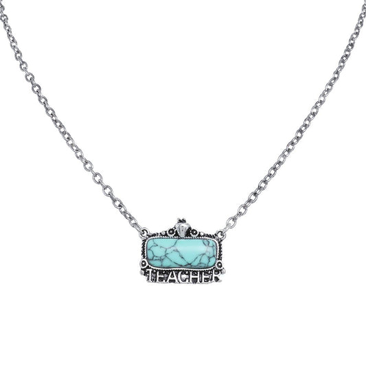 Teacher Turquoise Stone Silver Dipped Necklace