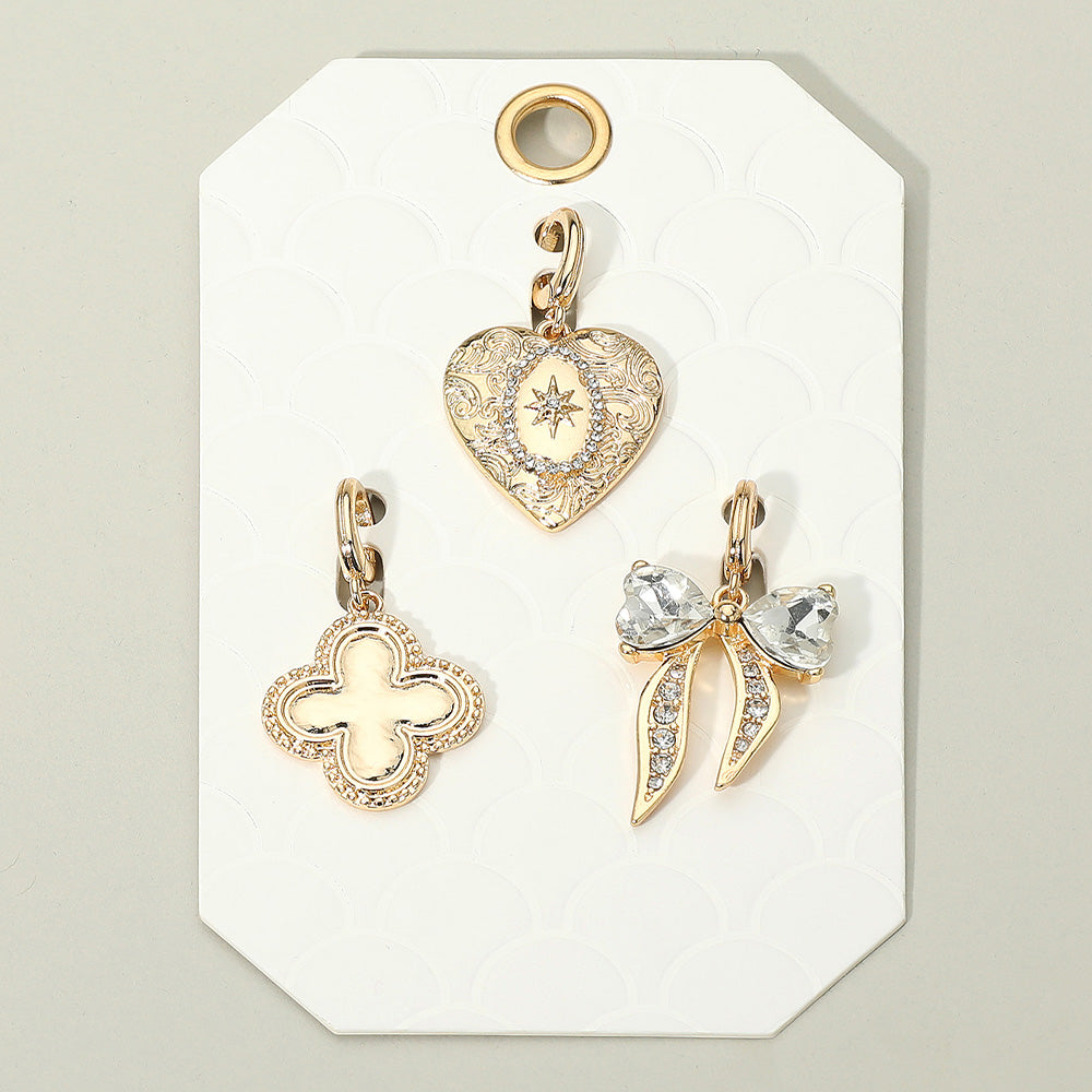 3PC Quatrefoil Heart Bow Gold Charm Set