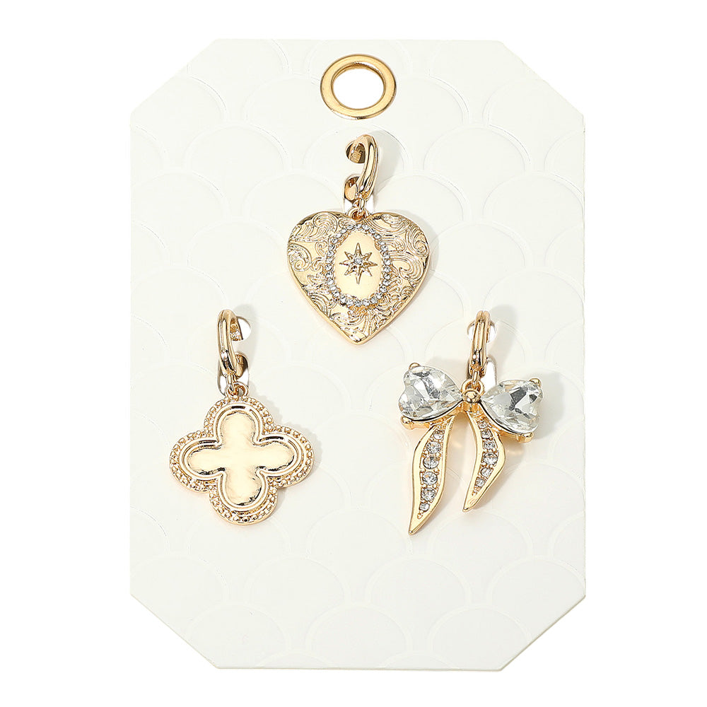 3PC Quatrefoil Heart Bow Gold Charm Set