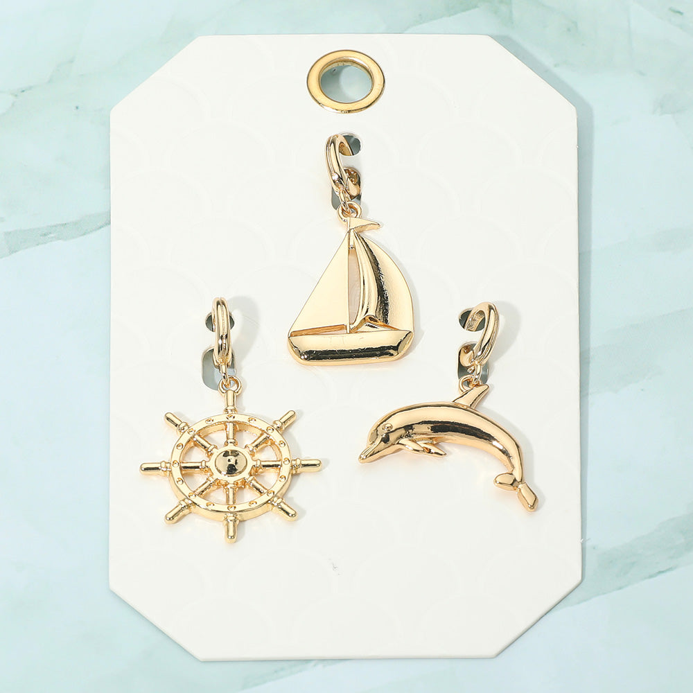 3PC Ship Wheel Dolphin Gold Charm Set