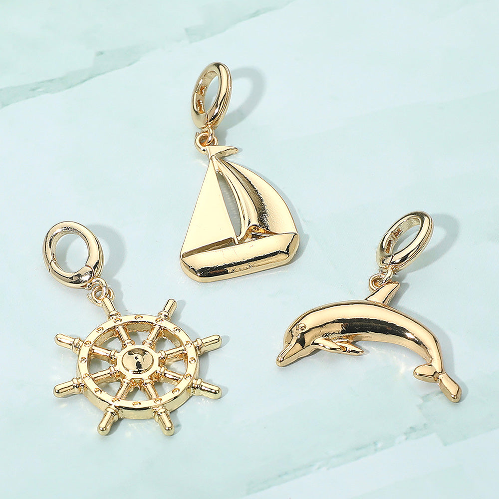 3PC Ship Wheel Dolphin Gold Charm Set