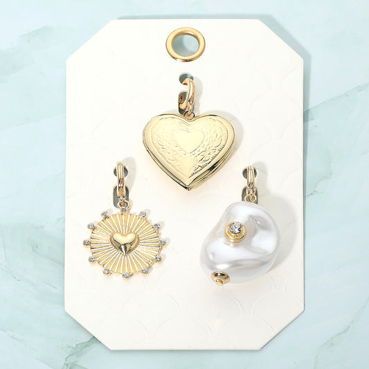 3PC Abstract Pearl Hearts Gold Charm Set