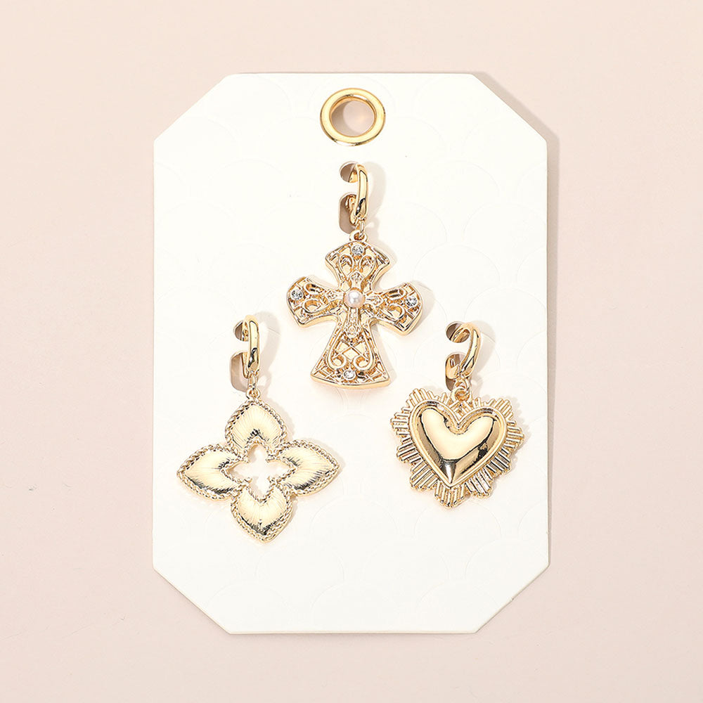 3PC Heart Cross Quatrefoil Gold Charm Set