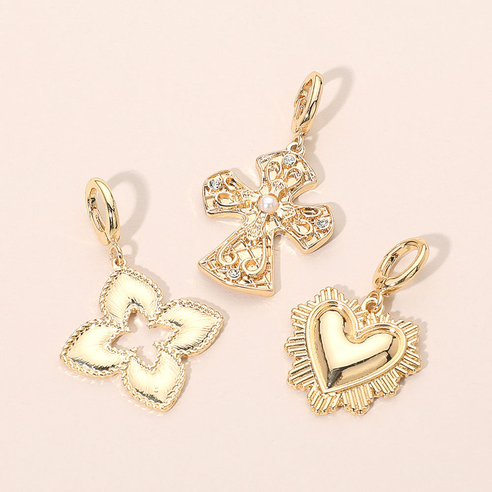 3PC Heart Cross Quatrefoil Gold Charm Set