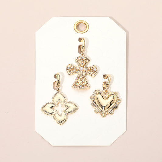 3PC Heart Cross Quatrefoil Gold Charm Set