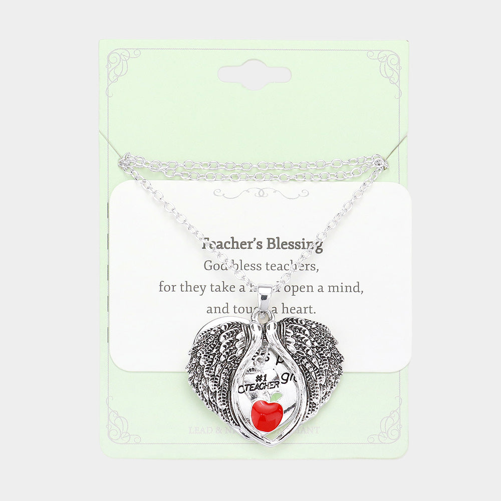 Teacher Angel Wings Apple Charm Silver Necklace