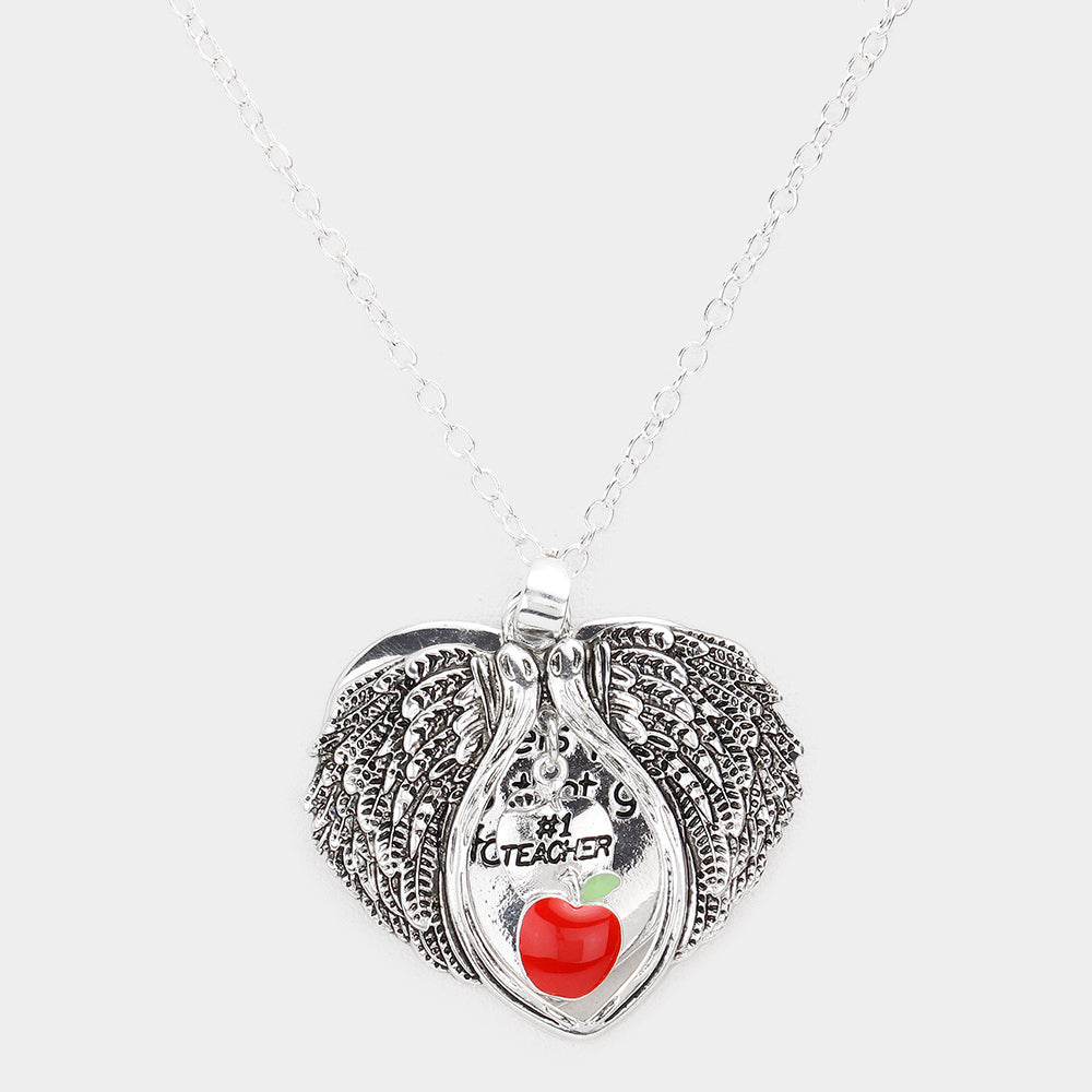 Teacher Angel Wings Apple Charm Silver Necklace