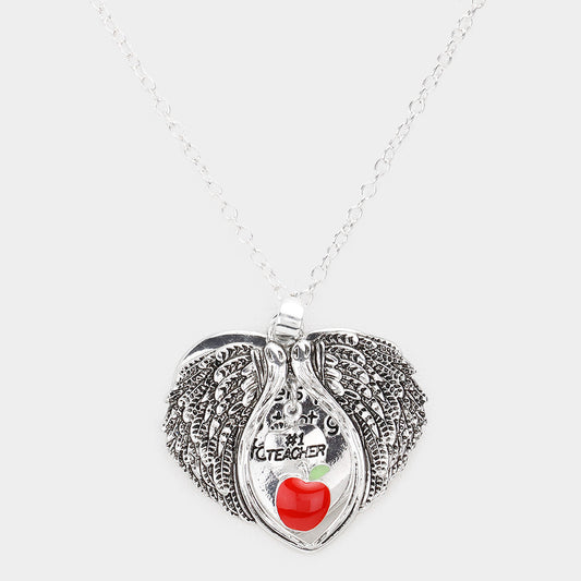 Teacher Angel Wings Apple Charm Silver Necklace