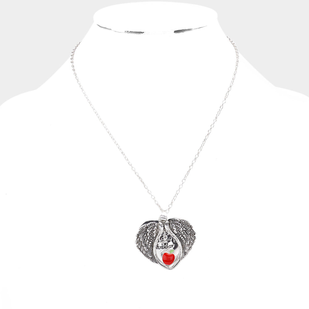 Teacher Angel Wings Apple Charm Silver Necklace