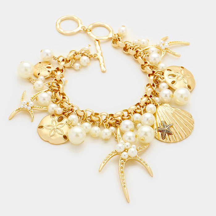Pearl Bead Embellished Starfish Seashell Charm Bracelet