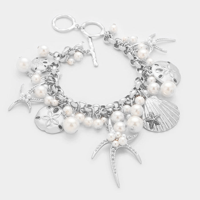 Pearl Bead Embellished Starfish Seashell Charm Bracelet