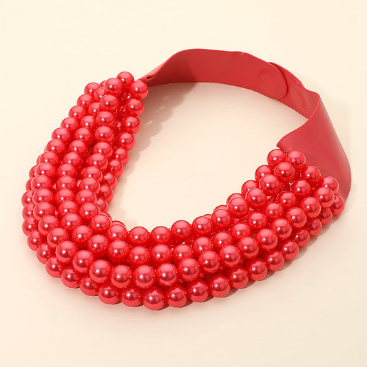 Cora Red Luster Beaded Leather Magnetic Collar Necklace