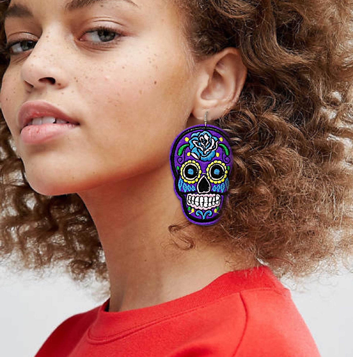 Mardi Gras Day of The Dead Sugar Skull Embroidered Earrings