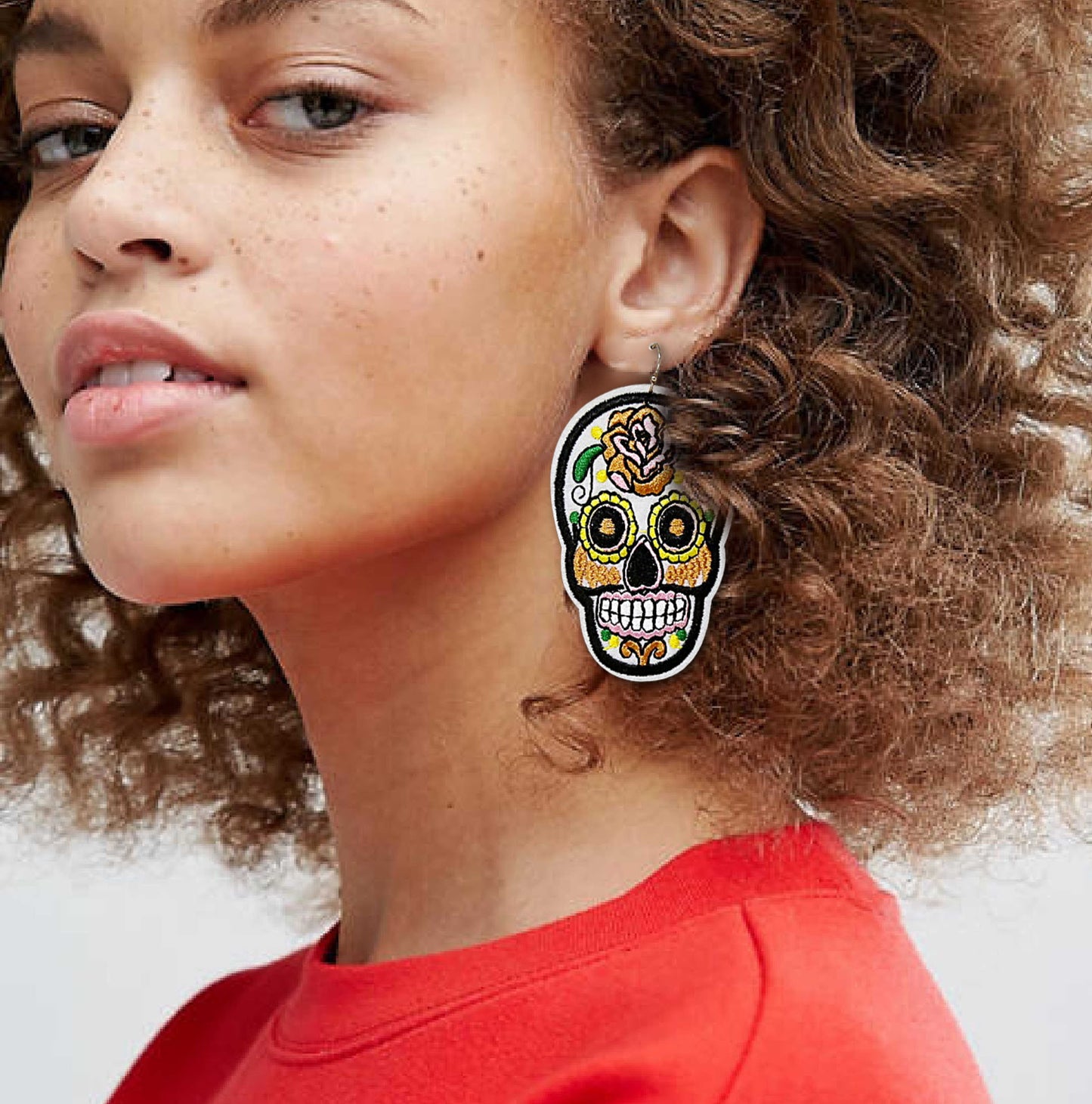 Mardi Gras Day of The Dead Sugar Skull Embroidered Earrings